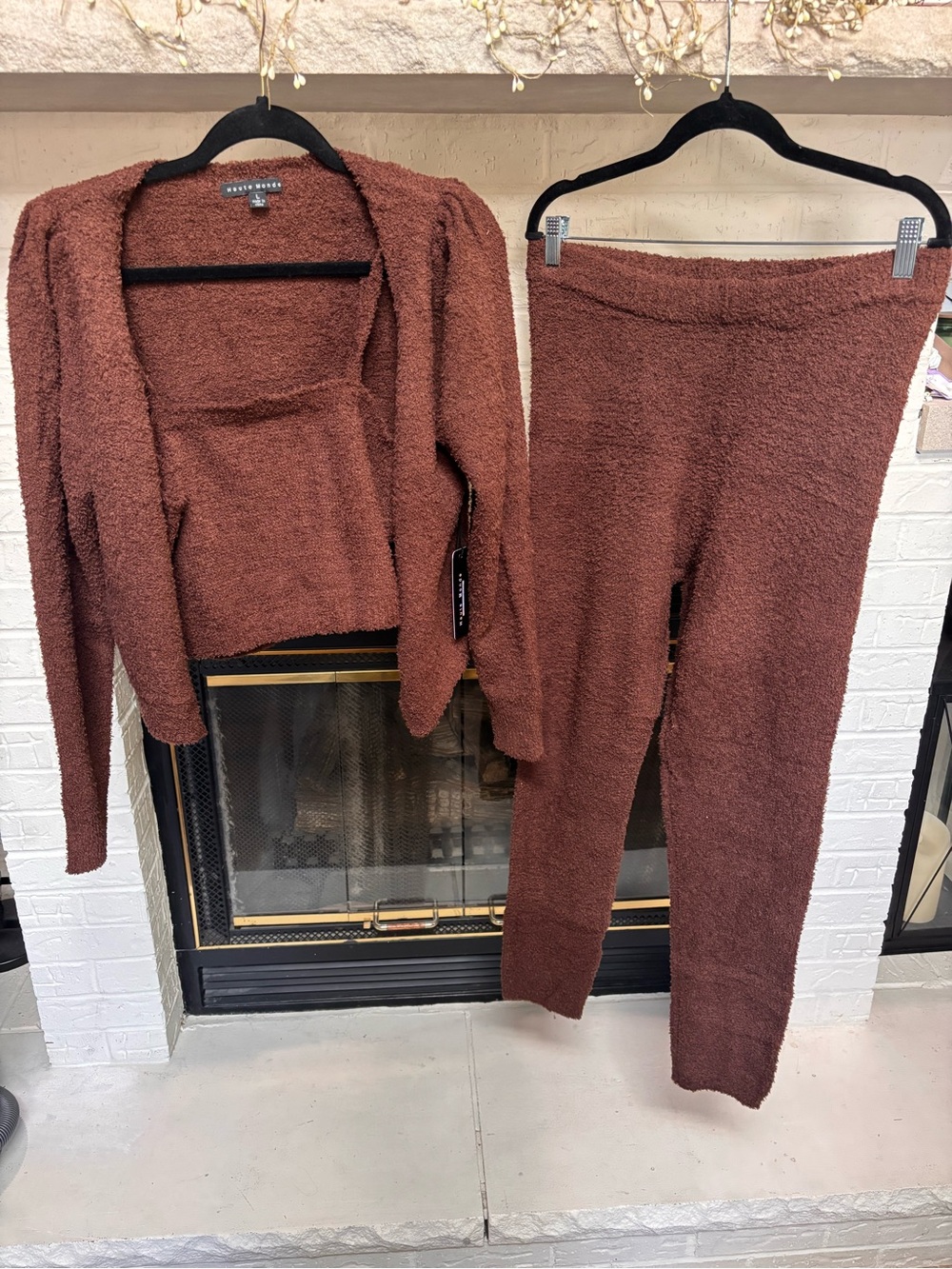 Haute Monde Brown Plush Knit Lounge Set - Cardigan & High-Waist Leggings